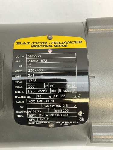 BALDOR RELIANCE VM3538 INDUSTRIAL MOTOR 0.5HP 230/460V 2/1AMP 1725RPM - Picture 3 of 8