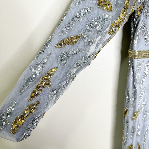 Mac Duggal Long Sleeve Evening Gown Beaded High Neck Platinum Gold Size 14 NEW - Picture 8 of 13