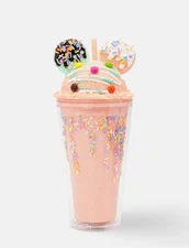 16oz Ice Cream Cookie Plastic Tumbler Cold Drink Ware Cup w/ Lid & Straw - Peach