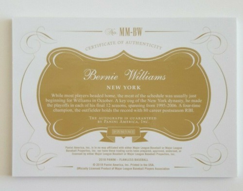 BERNIE WILLIAMS PANINI FLAWLESS ON CARD AUTO 4/7 TRULY RARE #4, SEE PICS! - Picture 9 of 10