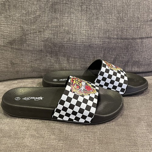 Ed Hardy Women’s Slides Checkered Tiger Sandals Sz 7.5 Rare Beach Pool Lake New - Picture 2 of 12