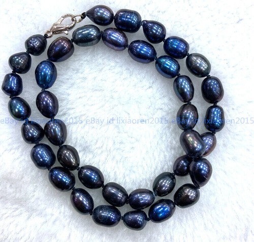 Pretty! Natural 8-9mm Black Blue Freshwater Cultured Rice Pearl Necklace 18" - Picture 10 of 12