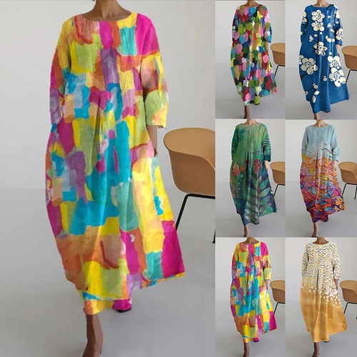 Womens Loose Round Neck Fashion Senior Long Sleeve Printed V Neck Dress - Picture 6 of 36