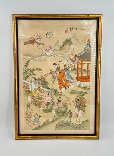 Chinese Watercolor Gouache on Silk Wall Art Pair (2) Bamboo Framed 18x25 VTG 70s - Picture 2 of 19