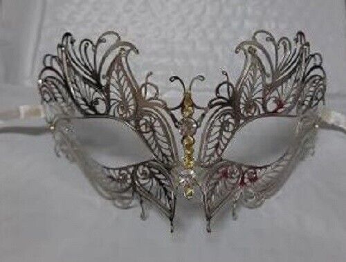Silver Butterfly Eyes Laser Cut Venetian Mask Masquerade Metal Filigree Dance - Picture 5 of 5