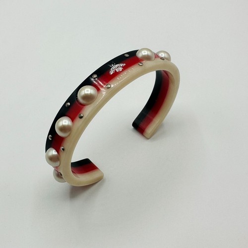 New Gucci Blue/Red/White Resin Cuff Bangle with Pearl Studs sz L - Picture 3 of 8