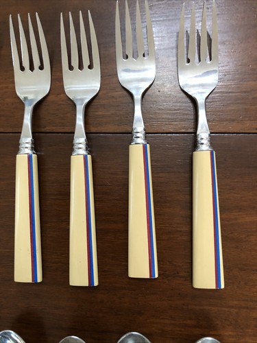 VTG MCM Stainless Japan Flatware 40 Piece Red Blue Stripe Northland - Picture 8 of 20