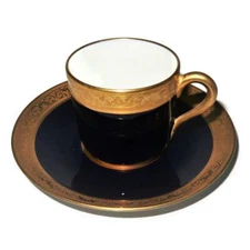 T & V Limoges Raynaud Conde Cobalt Blue Gold Encrusted Demitasse Cup & Saucer