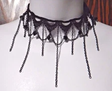 BLACK SCALLOPED LACE CHOKER gothic necklace beaded chains elegant collar dark K1