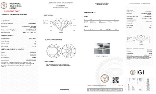 Lab Grown 1.12 Ct ROUND Cut IGI Certified CVD Diamond F Color SI2 Clarity - Picture 2 of 4