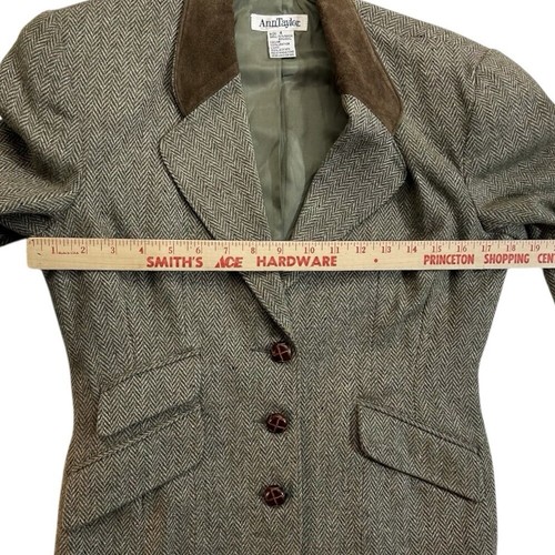 Giacca blazer vintage Ann Taylor verde tweed lana taglia 4 pelle colletto e bottoni - Foto 8 di 13