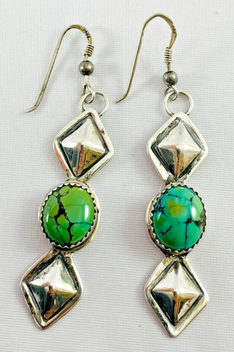 Boucles d'oreilles pendantes goutte argent massif turquoise vert forme diamant