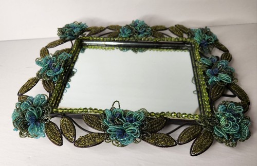 Beaded Flower Standing Mirror Vintage India Purple Blue Rectangular Vanity 90’s - Picture 3 of 24