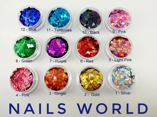 Nail Art Glitter 12 Colours HEART Holographic 3D Sequins Valentines Manicure UK - Picture 23 of 45
