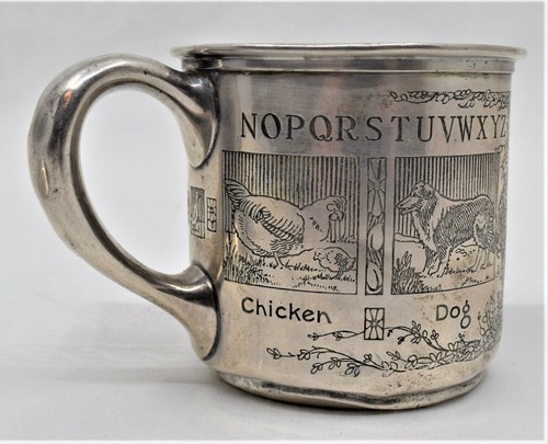 Antiguo cuenco de plata esterlina infantil de 1925 alfabeto animales por R Blackington - Imagen 11 de 12