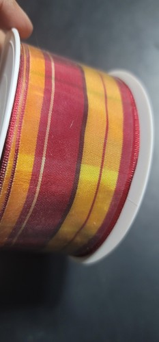 Mustard/ Gold & Red Stripe Wired Acetate ribbon 2" By 25M/82FT made in France - Picture 4 of 5