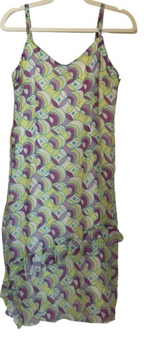 Midikleid Johnny Was Größe M Vintage Y2K Seide Mehrfarbig Geo Print Rüschen