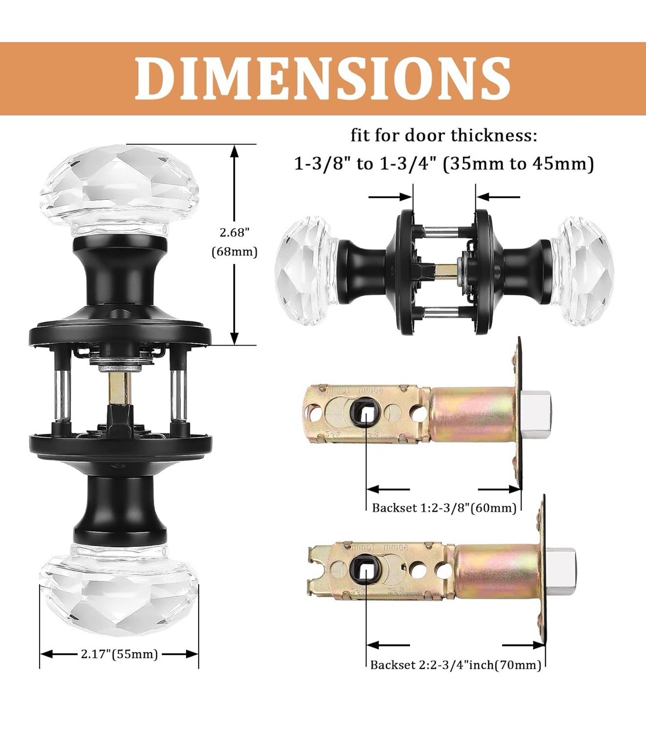 Orger 6 Pack Glass Door Knobs with Flat Black Rosette, Bath/Bed Door Knobs