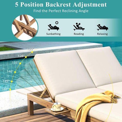 Light Teak Acacia Wood Outdoor Chaise Lounge with Adjustable Backrest & - Picture 5 of 9