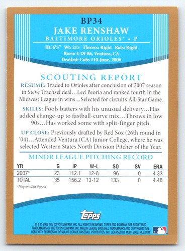 Bowman Jake Renshaw 2008 #BP34 Prospects Gold Baltimore Orioles - Imagen 2 de 2