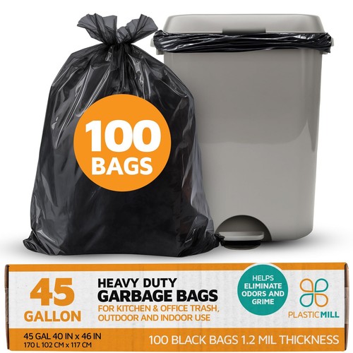 PlasticMill Heavy Duty Trash Bags - Black Garbage Bags - Plastic Trash Bags -...