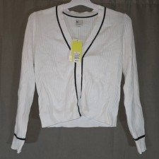 All In Motion Womens White Ribbed V-Neck Cardigan Sweater Black Trim L NWT