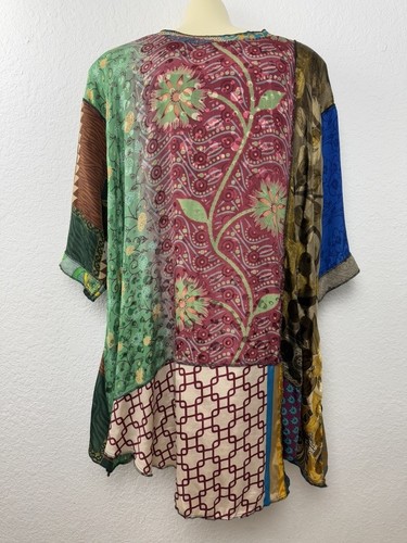 Sterling Tunika Top Damen OS Patchwork Boho Art Seide Shirt Bluse Lagenlook - Bild 2 von 17