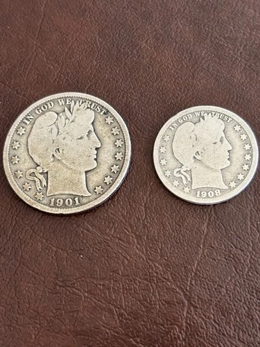 Silver 1901 Barber Half Dollar and 1908-D Silver Barber Quarter