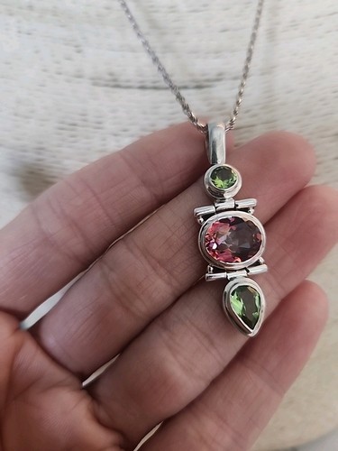 Vintage 925 Sterling Silver Peridot & Multicolor Gemstone Pendant Necklace 18" - Picture 2 of 6