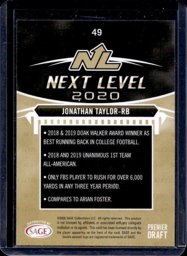 2020 SAGE HIT Jonathan Taylor Purple Rookie RC #49 Badgers - Picture 2 of 2