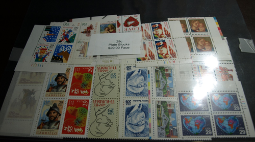 29 CENT PLATE BLOCKS AND STRIPS WITH FACE VALUE OF $29.00 MINT NEVER HINGED