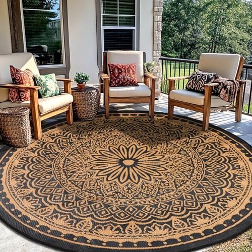 Round Outdoor Rugs 8Ft Waterproof, Outdoor Reversible 8’ Round Black/Camel