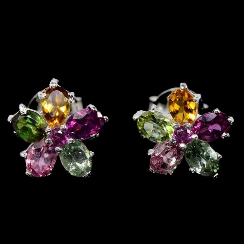 NATURAL MULTI COLOR TOURMALINE OVAL & ROUND STERLING 925 SILVER FLWOER EARRING
