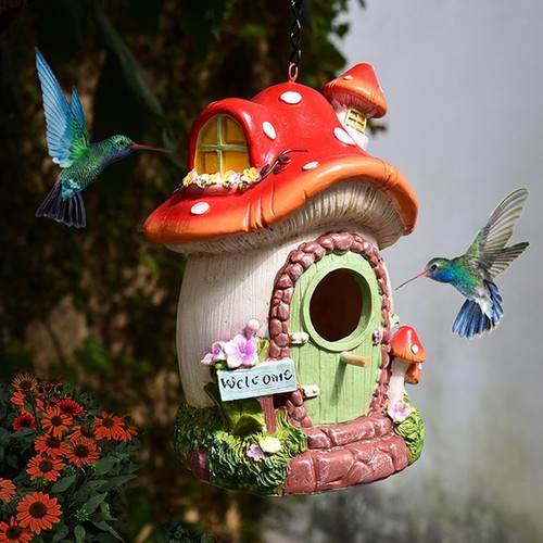 Hanging Bird House Outside Mushroom House Cute Bird Nest for Yard Fence Tree - Picture 1 of 4