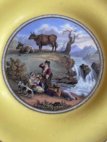 Antiguo plato de porcelana francés Vieux Paris c1850 escena pastoral tierra amarilla - Imagen 3 de 7