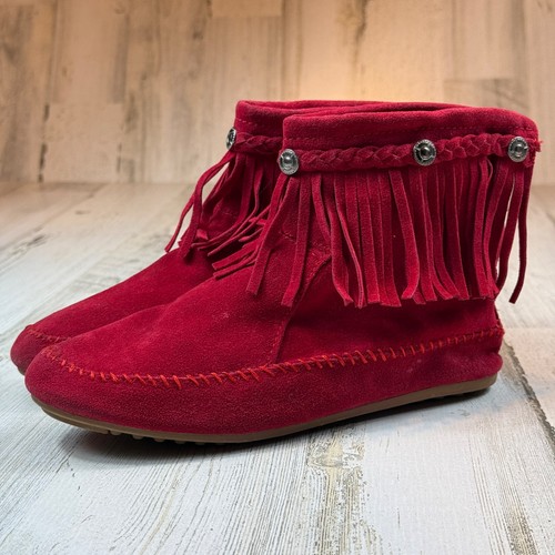 Nature Breeze Damen 6,5 rot Wildleder Leder Knöchel Mokassin Fransen Stiefel