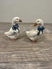 Set of 2 VTG 90’s White Geese Porcelain Figurines Blue Bow Cottagecore Artmark