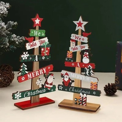 Wooden Christmas Tree Desktop Ornament Santa Sign Merry Xmas 2025 New Year Decor