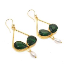 Chrome Diopside Quartz Gemstone Gold Plated Jewelry Unique Earrings 1.5" W593