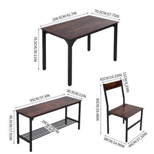 Industrial 1 Dining Table & 1 Bench & 2 Chairs Set Vintage Kitchen Furniture - Picture 11 of 14