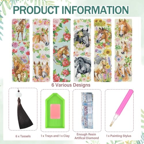 Diamond Painting Art Bookmarks Kit - 6 PCS Flower Horse Diamond Art Bookmark - Picture 5 of 7