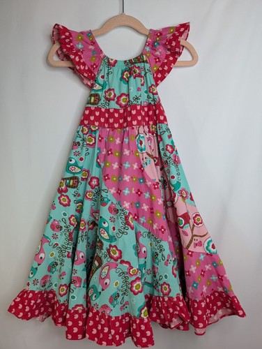 Girls JELLY THE PUG Cotton Dress - Sz 5 - Pink/Red/Green/Blue FLORAL w/ RUFFLES