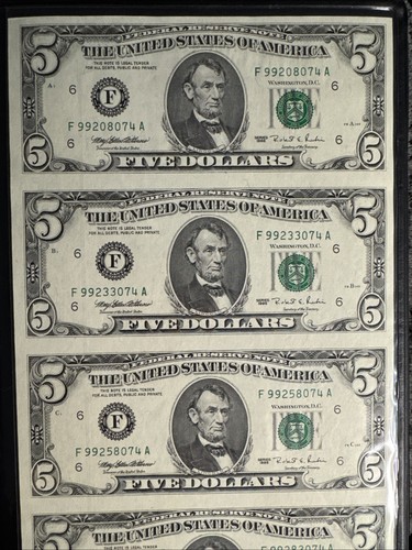 UNCUT Crisp SHEET OF FOUR FIVE DOLLAR BILLS SERIES 1995 RESERVE NOTE F99208074A - Picture 9 of 17