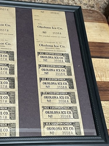 BIGLIETTI COUPON ICE COMPANY ICE COMPANY ICE vintage OKOLONA MISSISSIPPI incorniciati - Foto 3 di 4