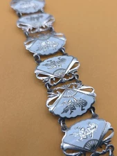 Vintage Siam Sterling Silver Goddess Dancer White Enamel Pannel Link Bracelet 7"