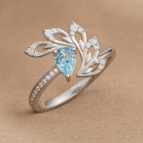 Aquamarine &Diamond Peacock cocktail Ring Solid 14K Gold March Birthstone#1031 - Picture 16 of 22