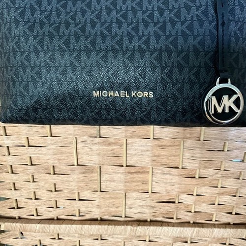 Michael Kors Black Signature MK Monogram Jet Set Chain Shoulder Tote Bag Purse - Picture 2 of 10