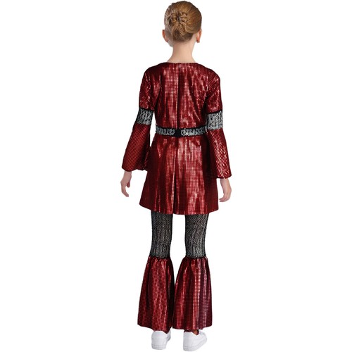Girl's Metallic Shiny Plaid Disco Costumes Sequined Mesh Flared Sleeve Dress Up - Foto 7 di 61
