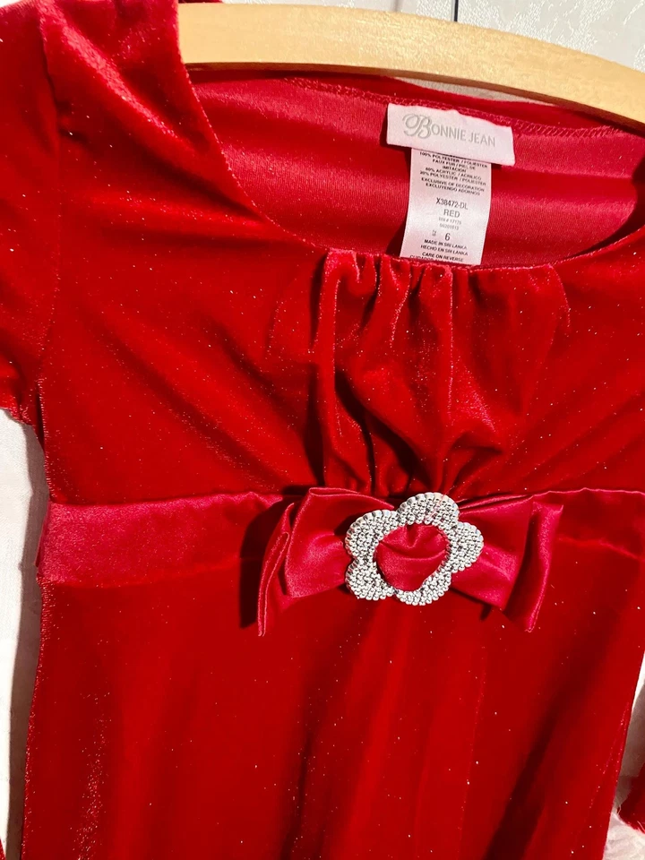 Vestido rojo de Navidad con lazo y ribete de piel Bonnie Jean niñas talla 6 Foto 2 de 4