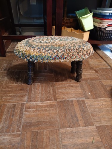 VINTAGE CRICKET FOOTSTOOL BRAIDED TOP WITH WALNUT LEGS
